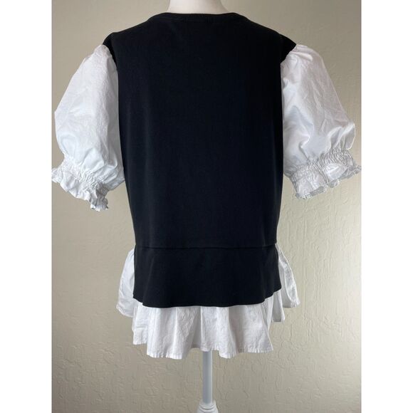 ~ Anthropologie L Sweater/Blouse Mixed Media Black White Balloon Poplin Knit Lg - Picture 9 of 15